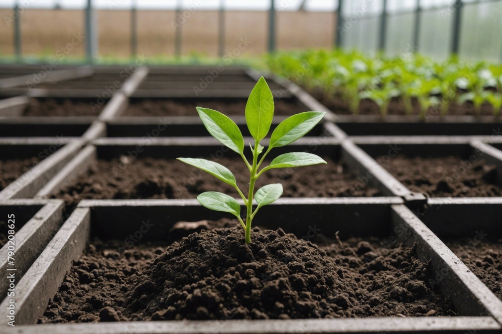 Small green sapling growing from soil in green house Small green sapling growing from soil in green house