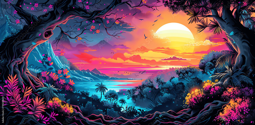 Obraz premium Digital rendering in a pixel art style, showcasing a side view reforestation scene with vibrant, lush trees, diverse wildlife, and intricate root systems intertwining