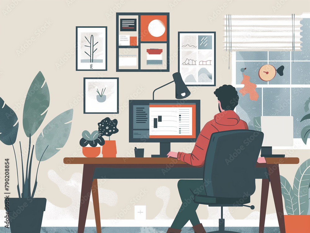 Fototapeta premium Minimalist illustration depicting digital nomads working in a home office