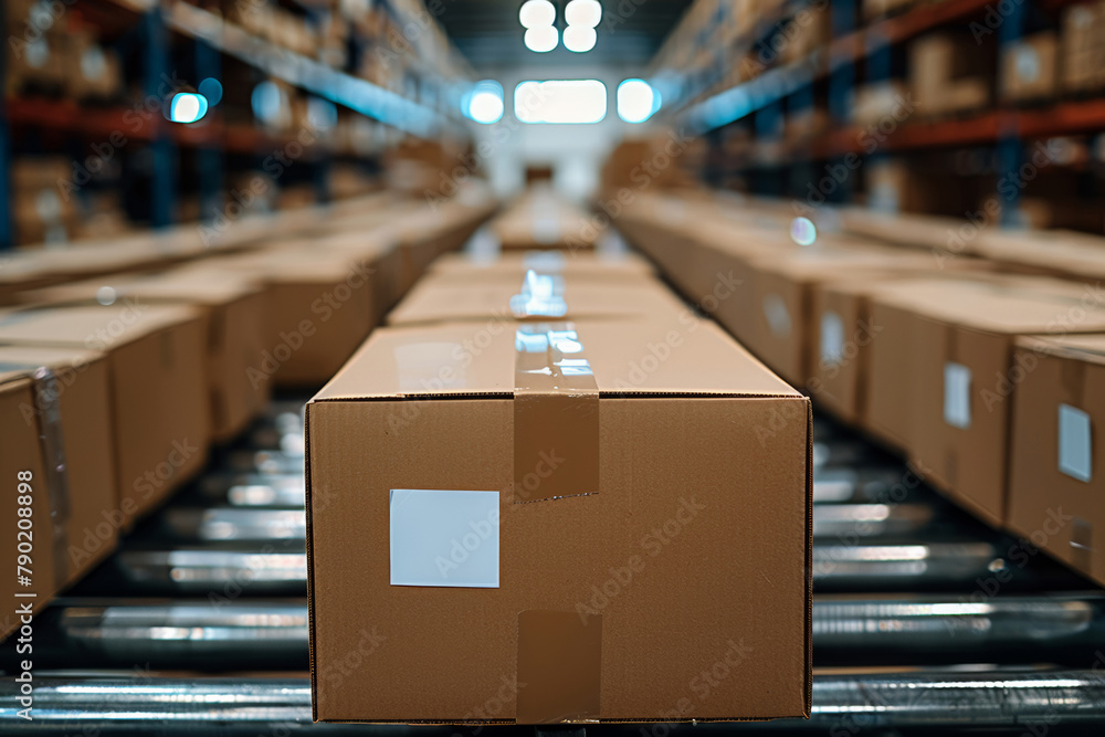 Factory, boxes and conveyor belt for packaging in manufacturing or distribution and delivery. Logistics, supplier and parcel or product in storehouse, wholesale and ready for shipping or cargo Factory, boxes and conveyor belt for packaging in manufacturing or distribution and delivery. Logistics, supplier and parcel or product in storehouse, wholesale and ready for shipping or cargo