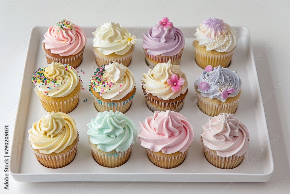 Cupcakes with buttercream frosting on a white plate. Cupcakes with buttercream frosting on a white plate.