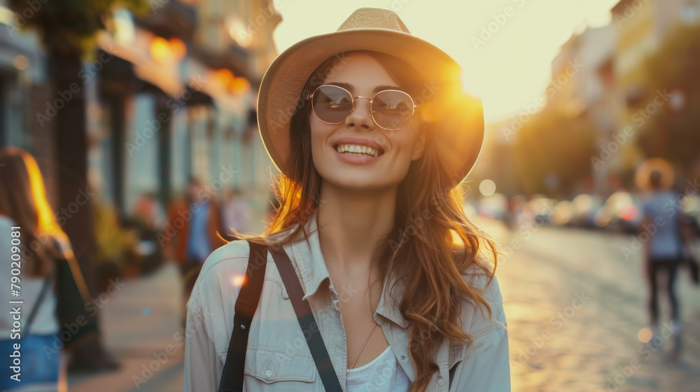 A woman wearing a straw hat and sunglasses is smiling at the camera. She is standing on a city street with other people around her A woman wearing a straw hat and sunglasses is smiling at the camera. She is standing on a city street with other people around her