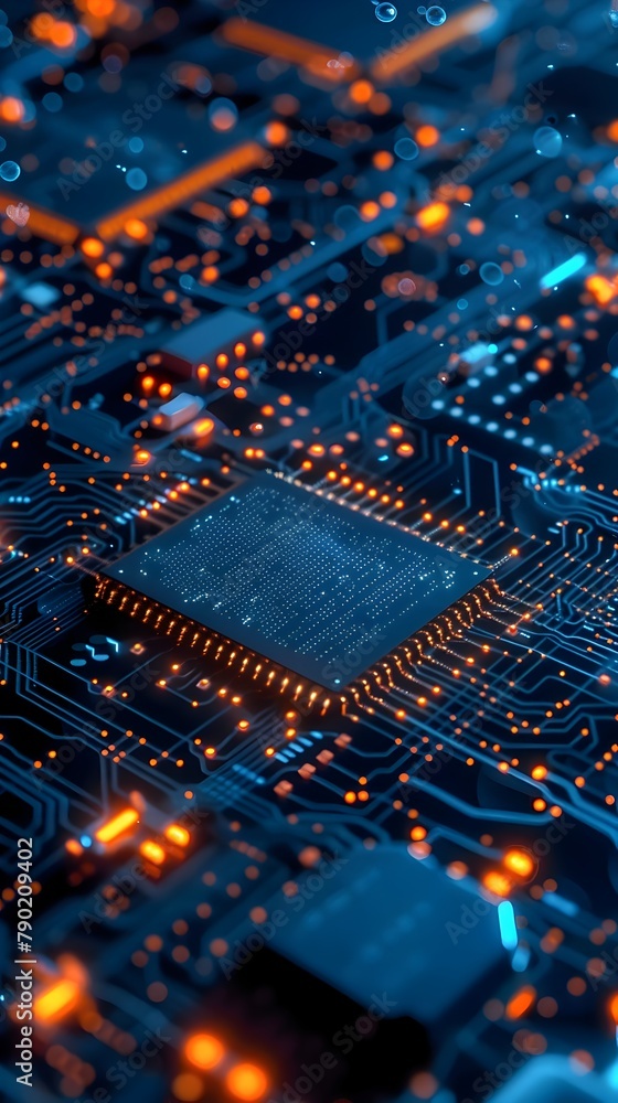 Close-Up of Microchip on Blue Circuit Board, Computing Concept Close-Up of Microchip on Blue Circuit Board, Computing Concept