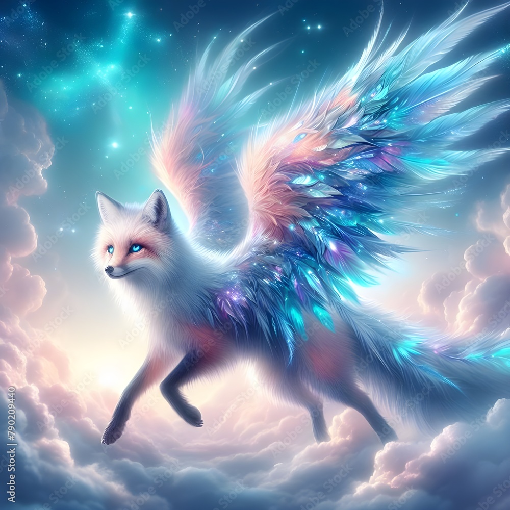 Enchanting skyfox, a mythical azure fox, embodies serenity and mystery in this captivating stock image.