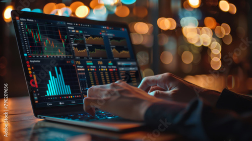 A person is typing on a laptop with a stock market graph on the screen. The person is focused on the screen and he is working on something related to finance or trading. © Alina Tymofieieva