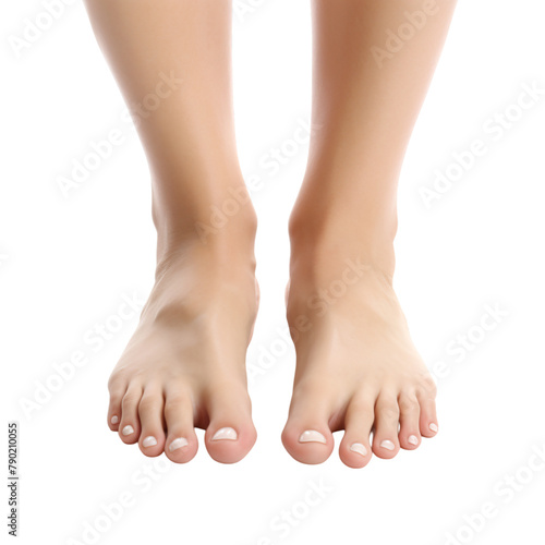 Two healthy and beautiful legs with clean white nails on an isolated background