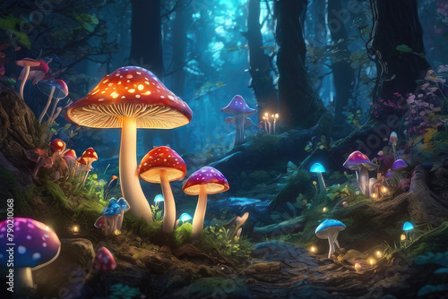 Generative AI, Beautiful and awesome neon colorful mushrooms, Magical views of neon colorful mushrooms, Beautiful view of neon colorful mushrooms in the thickets of forest bushes, small neon mushrooms