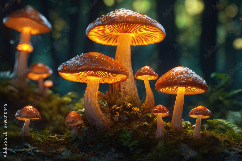 Fototapeta premium Generative AI, Beautiful and awesome neon colorful mushrooms, Magical views of neon colorful mushrooms, Beautiful view of neon colorful mushrooms in the thickets of forest bushes, small neon mushrooms