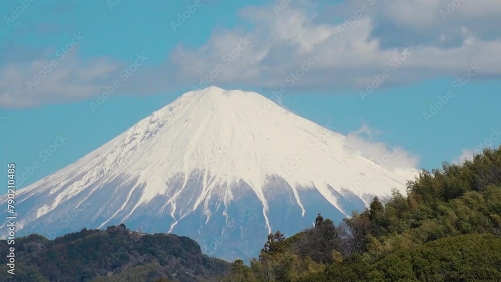SHIZUOKA, JAPAN - MARCH 2024 : Close up time lapse shot of Mount Fuji with snow on top. Tallest Mountain in Japan. Shot in spring season, sunny daytime. Japanese nature concept video. SHIZUOKA, JAPAN - MARCH 2024 : Close up time lapse shot of Mount Fuji with snow on top. Tallest Mountain in Japan. Shot in spring season, sunny daytime. Japanese nature concept video.