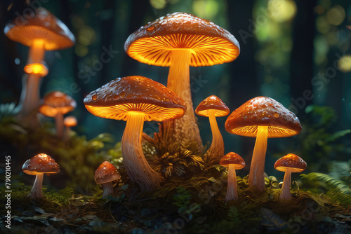 Generative AI  Beautiful and awesome neon colorful mushrooms  Magical views of neon colorful mushrooms  Beautiful view of neon colorful mushrooms in the thickets of forest bushes  small neon mushrooms