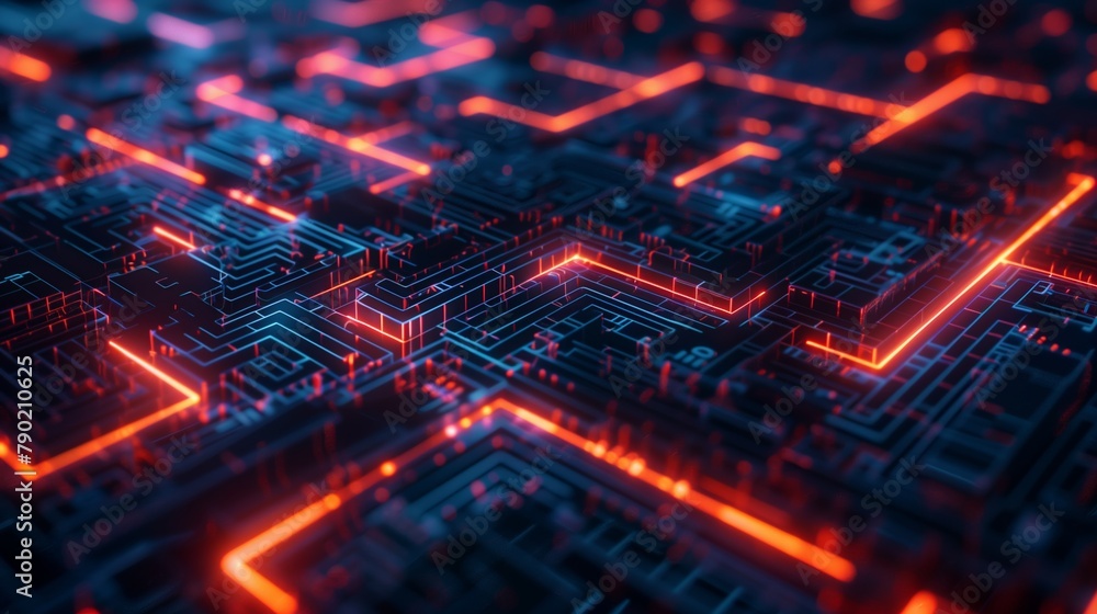 An abstract visualization of a digital circuit board with a maze-like arrangement, glowing in neon red on a deep blue background, symbolizing complex data pathways and high-tech electronic. An abstract visualization of a digital circuit board with a maze-like arrangement, glowing in neon red on a deep blue background, symbolizing complex data pathways and high-tech electronic.