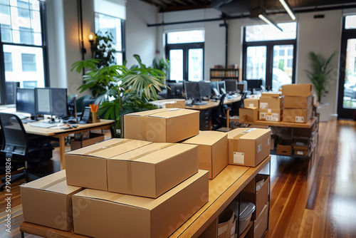 Cardboard boxes, office and package for logistics distribution for freight business delivery. Supplier, parcel and ecommerce product order in computer, internet and workplace for cargo industry. photo