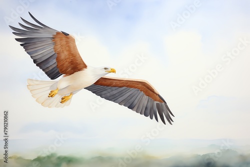 An African Fish Eagle soaring over the Serengeti, wings spread wide, captured in striking watercolors against a stormy sky backdrop