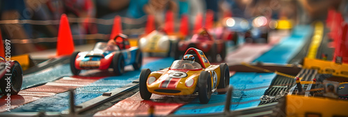 Captivating View of a Pinewood Derby Race in Full Swing: Order, Anticipation, and Excitement