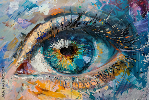 Oil Painting of the Eye Showing Texture. Oil Painting in Colorful Colors. Conceptual Abstract Closeup of an Eye Showcasing Paint Palette Knife Work on a Canvas.