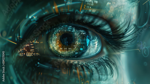 A close-up of a human eye augmented with futuristic digital enhancements, depicting a concept of advanced biotechnology and cybernetic augmentation.