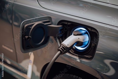 Close-up of an electric car's charging port illuminated in blue, emphasizing the future of automobile technology, Concept of innovation and green transportation