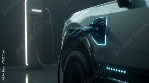 Close-up of an electric vehicle charging port illuminated by ambient lighting, signifying the concept of innovation, technology, and sustainable transportation