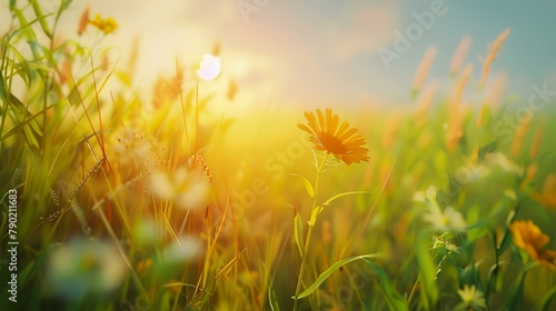 Beautiful summer meadow with wild flowers and sun rays. Nature background