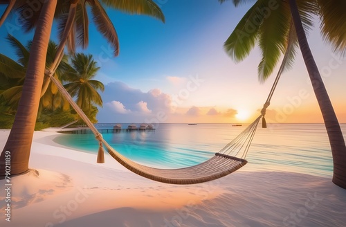 Romantic tropical beach scenery. Colorful dreams, sea sky, hammock on coconut palms. Luxury vacation, destination honeymoon concept. Exotic travel, relaxing world by the sea © Ana River