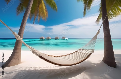 Romantic tropical beach scenery. Colorful dreams, sea sky, hammock on coconut palms. Luxury vacation, destination honeymoon concept. Exotic travel, relaxing world by the sea