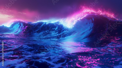 Blue ocean wave with purple and pink splashes. 3d rendering