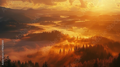 A sea of ​​mist covers the mountains in the morning sunrise photo