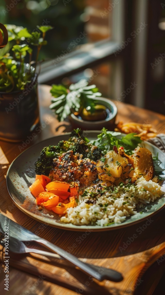 Vegetarian Delights, Colorful Cuisine on Ceramic Plate Vegetarian Delights, Colorful Cuisine on Ceramic Plate