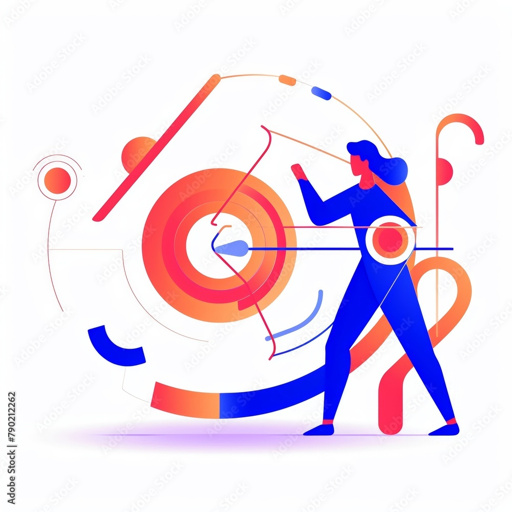 Minimalist UI illustration of Archery in a flat illustration style on a white background with bright Color scheme, dribbble, flat vector, Hyper-Realism Minimalist UI illustration of Archery in a flat illustration style on a white background with bright Color scheme, dribbble, flat vector, Hyper-Realism