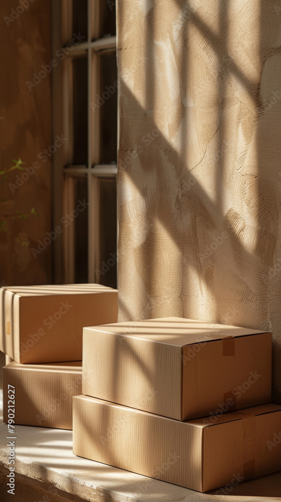 Boxes, stack and delivery logistics for distribution of online shopping or order, shipping or import. Packages, pile and wholesale export at warehouse or ecommerce industry, supply chain or parcel Boxes, stack and delivery logistics for distribution of online shopping or order, shipping or import. Packages, pile and wholesale export at warehouse or ecommerce industry, supply chain or parcel