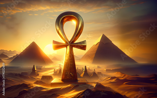 Big golden Ankh in a landscape in Egypt with pyramids at sunset