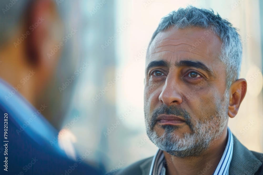 Arab businessman in a modern setting with a blurred colleague in the foreground, serious expression Arab businessman in a modern setting with a blurred colleague in the foreground, serious expression
