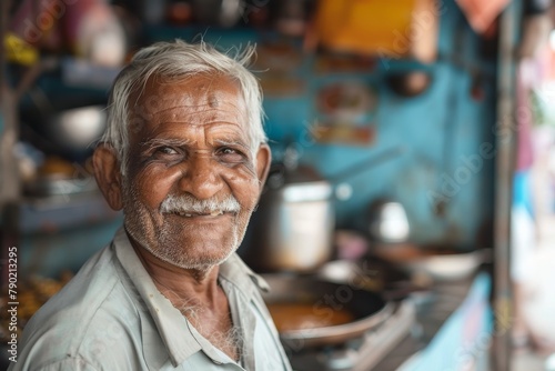 An endearing elderly man with a white mustache stands in a local food stall, his face expressing warmth and friendliness photo