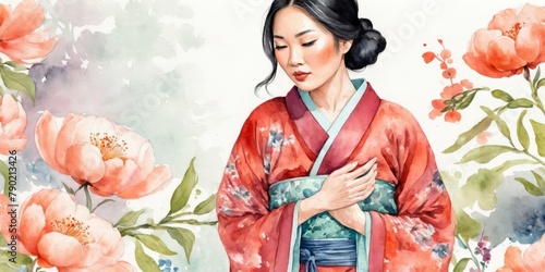 Watercolor Illustration Of Asian Woman on Flower Background