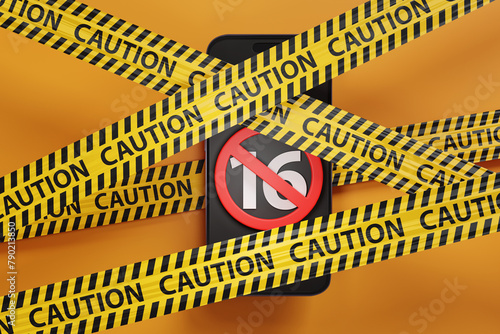 Mobile phone showing the number 16 and a red forbidden sign trapped between barrier tapes on yellow background. Illustration of the British consideration of banning sale of smartphones to under 16s