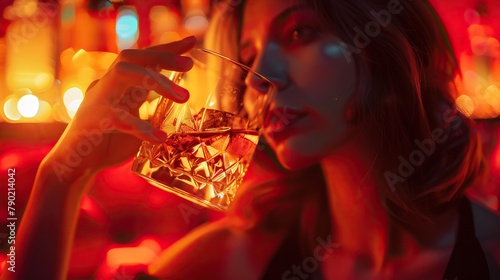 A woman sips a drink in a dimly-lit, neon ambiance