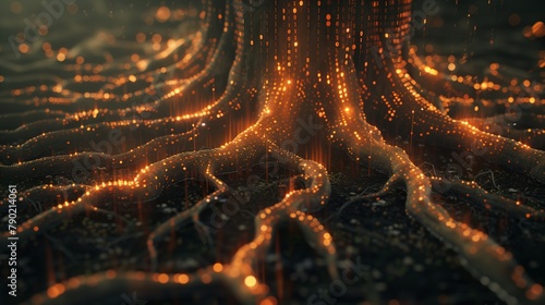 A dynamic and intricate network reminiscent of neural synapses, glowing with digital binary code. photo