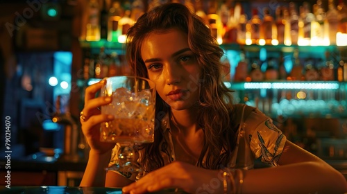 A woman is holding a glass of whiskey at a bar