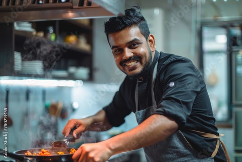 A joyful male chef is sautéing in a frying pan with intense focus in a busy commercial kitchen environment