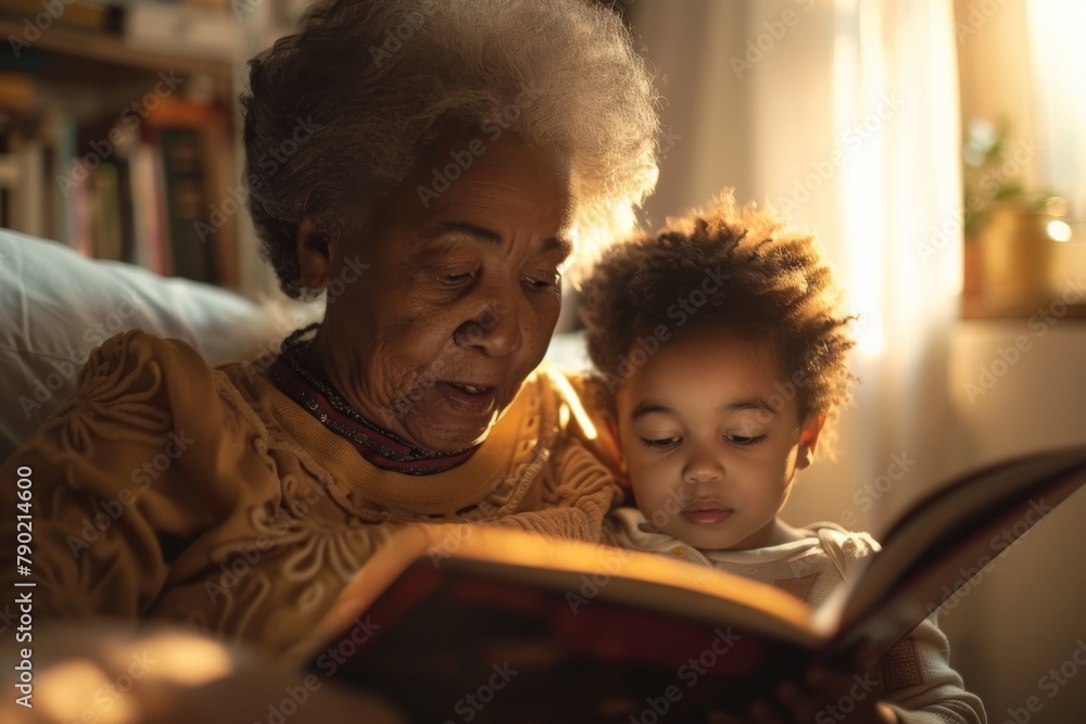 Warm and cozy image of a grandmother reading a story to her grandchild, surrounded by soft natural light Warm and cozy image of a grandmother reading a story to her grandchild, surrounded by soft natural light