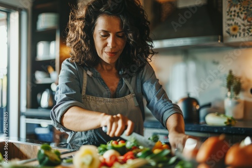 Woman with curly hair focused on slicing fresh vegetables in a well-equipped kitchen