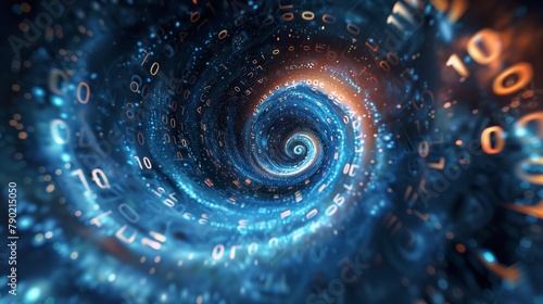 A digital vortex, where streams of binary code spiral into a luminous center, representing a black hole of data. concepts of technology, cyberspace, and information overload in a universe-inspired. 