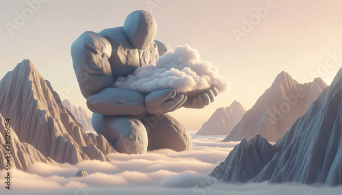 Rock golem cradles a cloud spirit amidst mountains and skies, portraying hard and soft friendships.