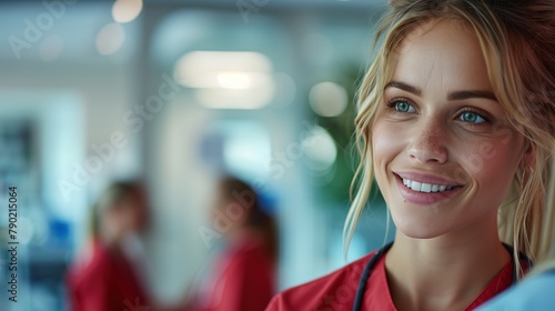 Smiling Blonde Female Doctor with Green Eyes, Medical Clinic Portrait