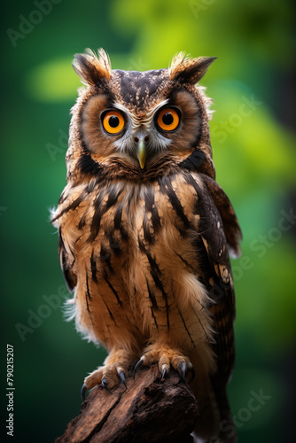 A striking portrait of an eagle owl perched on wood, its intense orange eyes captivating against a green background.