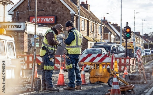 Amid the bustle of an urban street, two road construction workers consult each other at the site of repair, with the necessary signage and traffic cones set around them.
