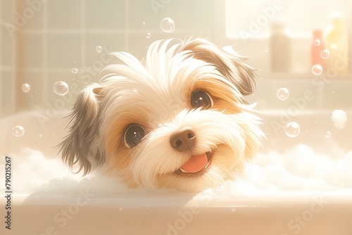 A playful puppy enjoying its bathtub, surrounded by thick white foam and bubbles, with an expression of joy on its face