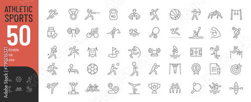 
Athletic Sports Line Editable Icons set. Vector illustration in modern thin line style of summer sports activities related icons: gym exercises, football, swimming, gymnastics, and more. Pictograms a