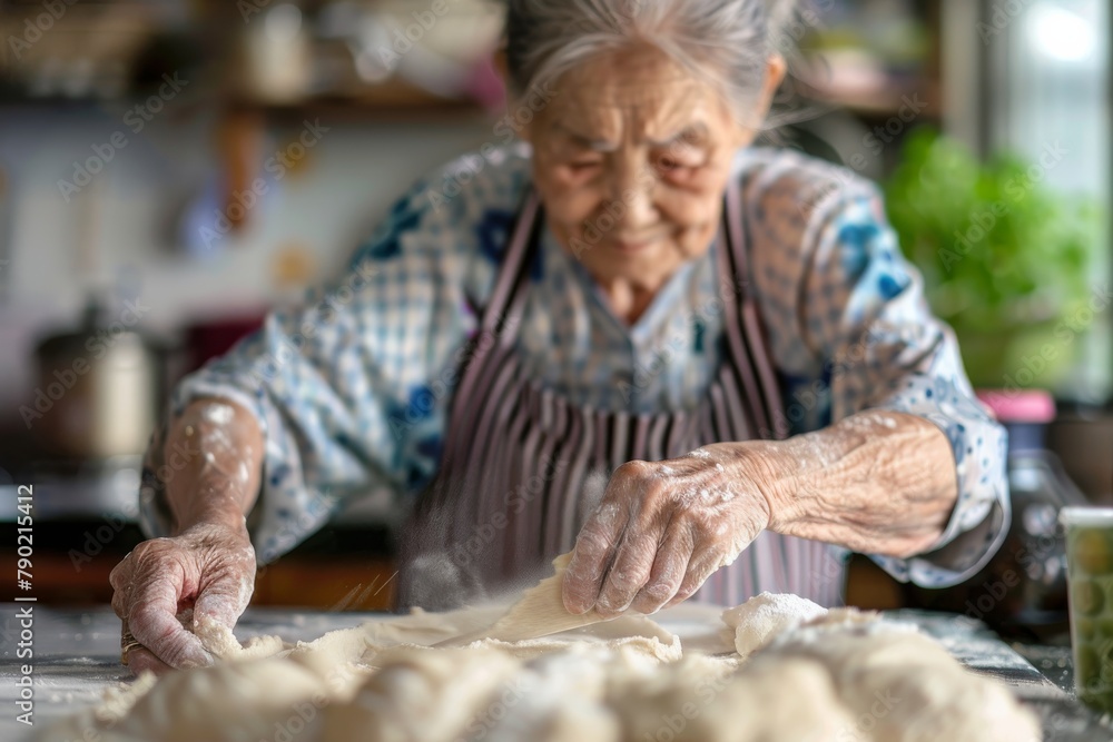 A focused elderly woman meticulously prepares pastry dough on a floured surface in a sunlit kitchen