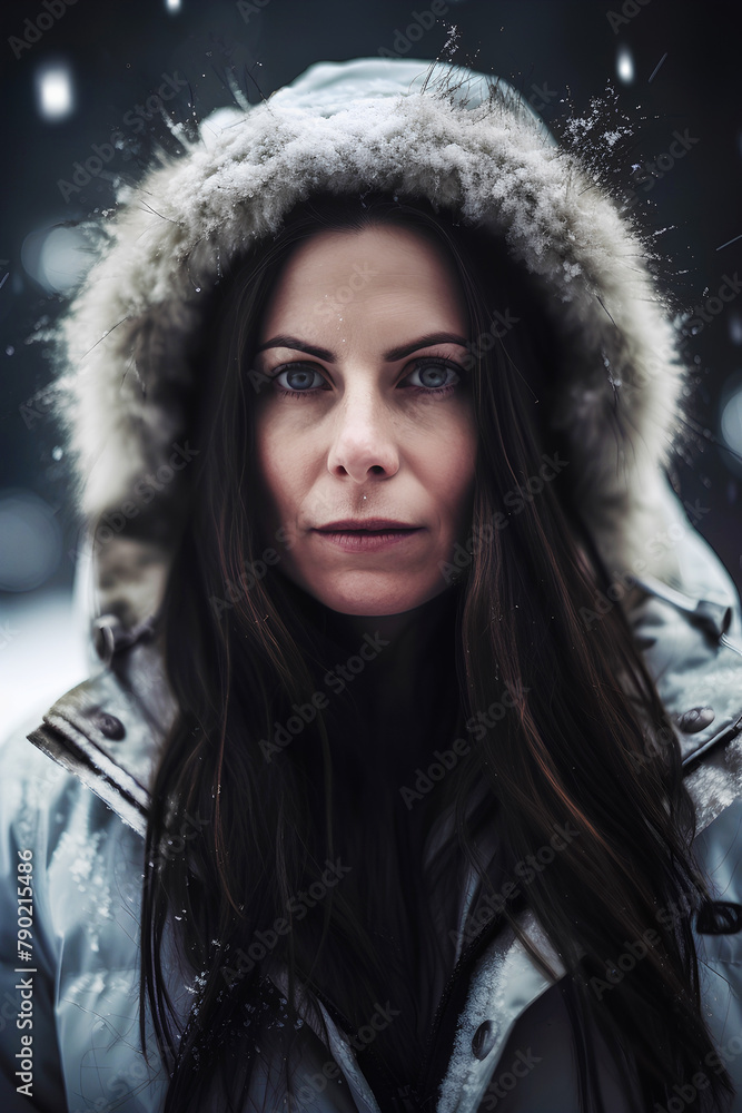 Portrait of a woman with a tired, exhausted face wearing the winter jacket with hood with fur. Portrait of a woman with a tired, exhausted face wearing the winter jacket with hood with fur.